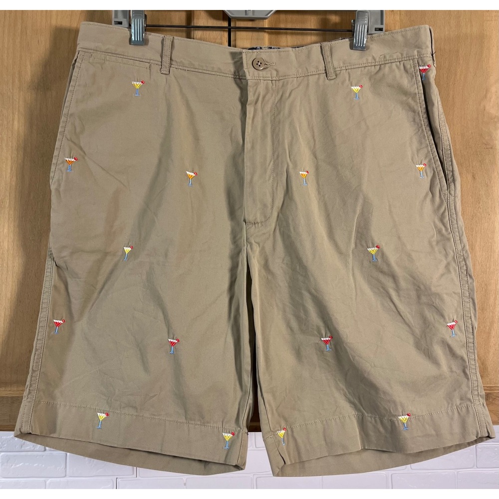 Cremieux Chino Shorts Mens 36 Tan Martini Glass Embroidered Cotton Casual Khaki